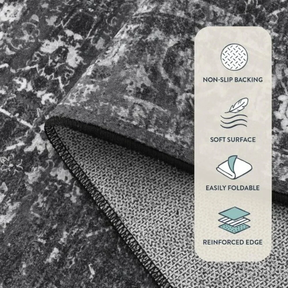 5x7 Black Washable Area Rug, Non-Slip Stain Resistant Carpet for Home & Office